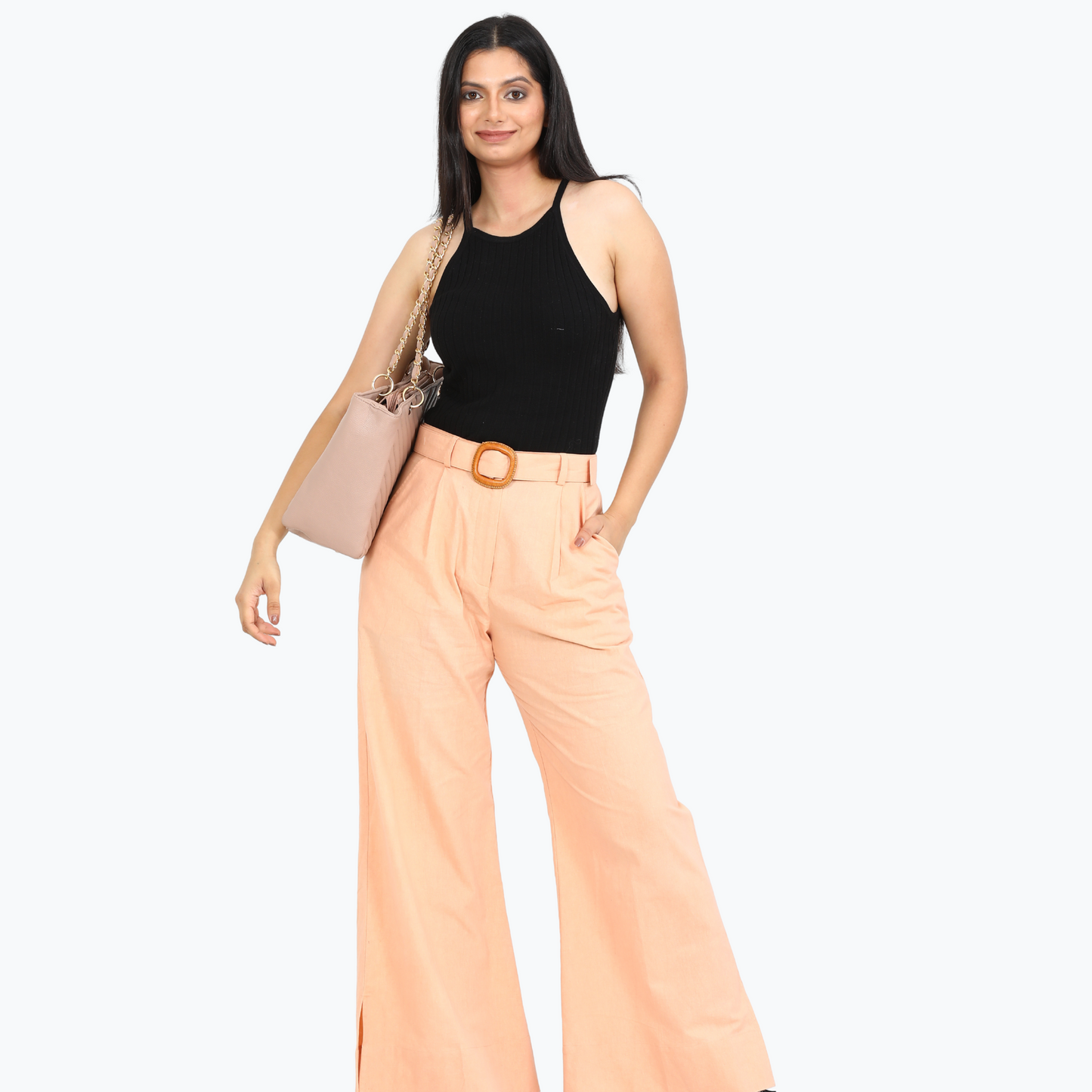 Women flare pants with belt and buckle