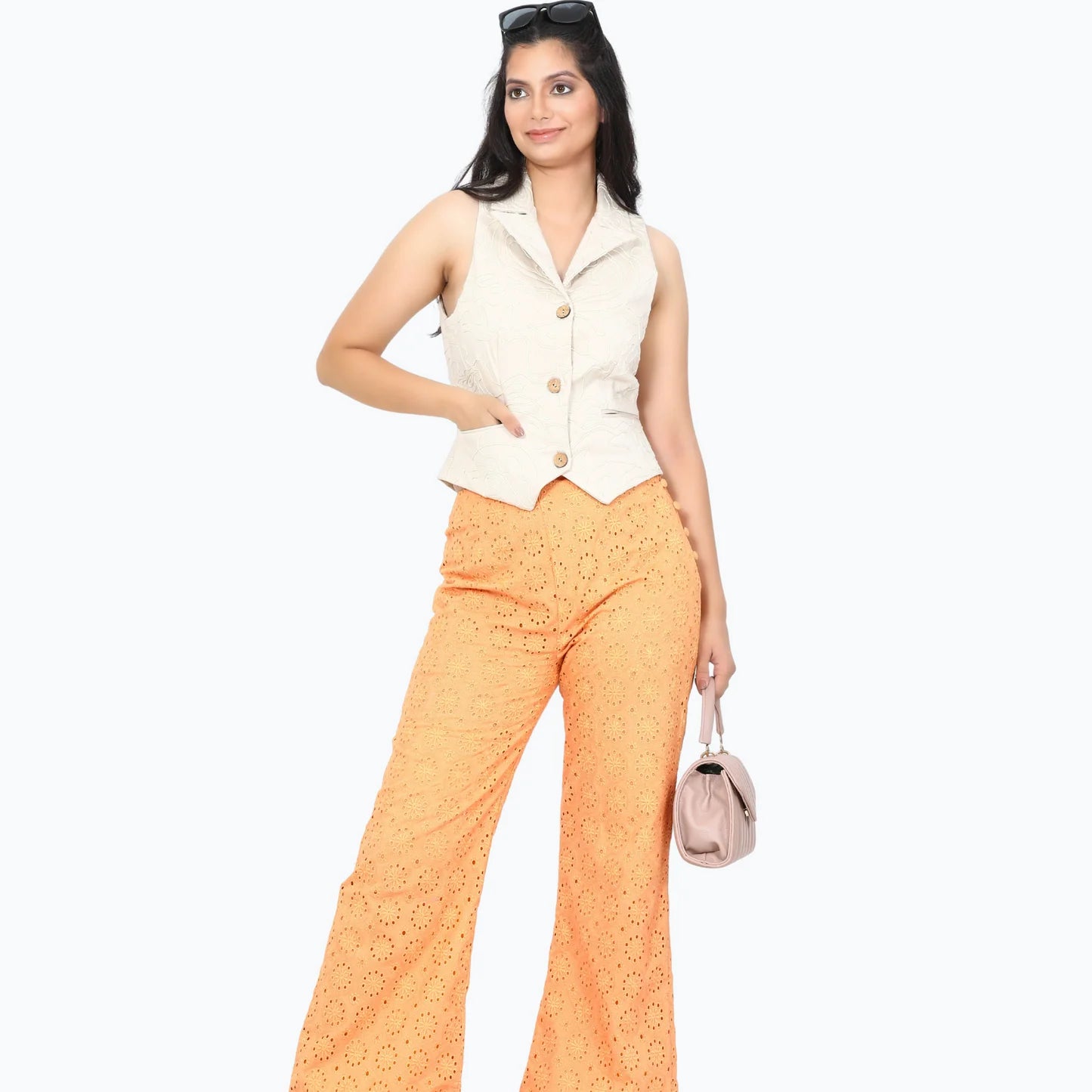 Women schiffli side button pants