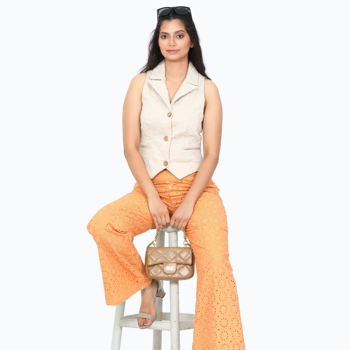 Women schiffli side button pants