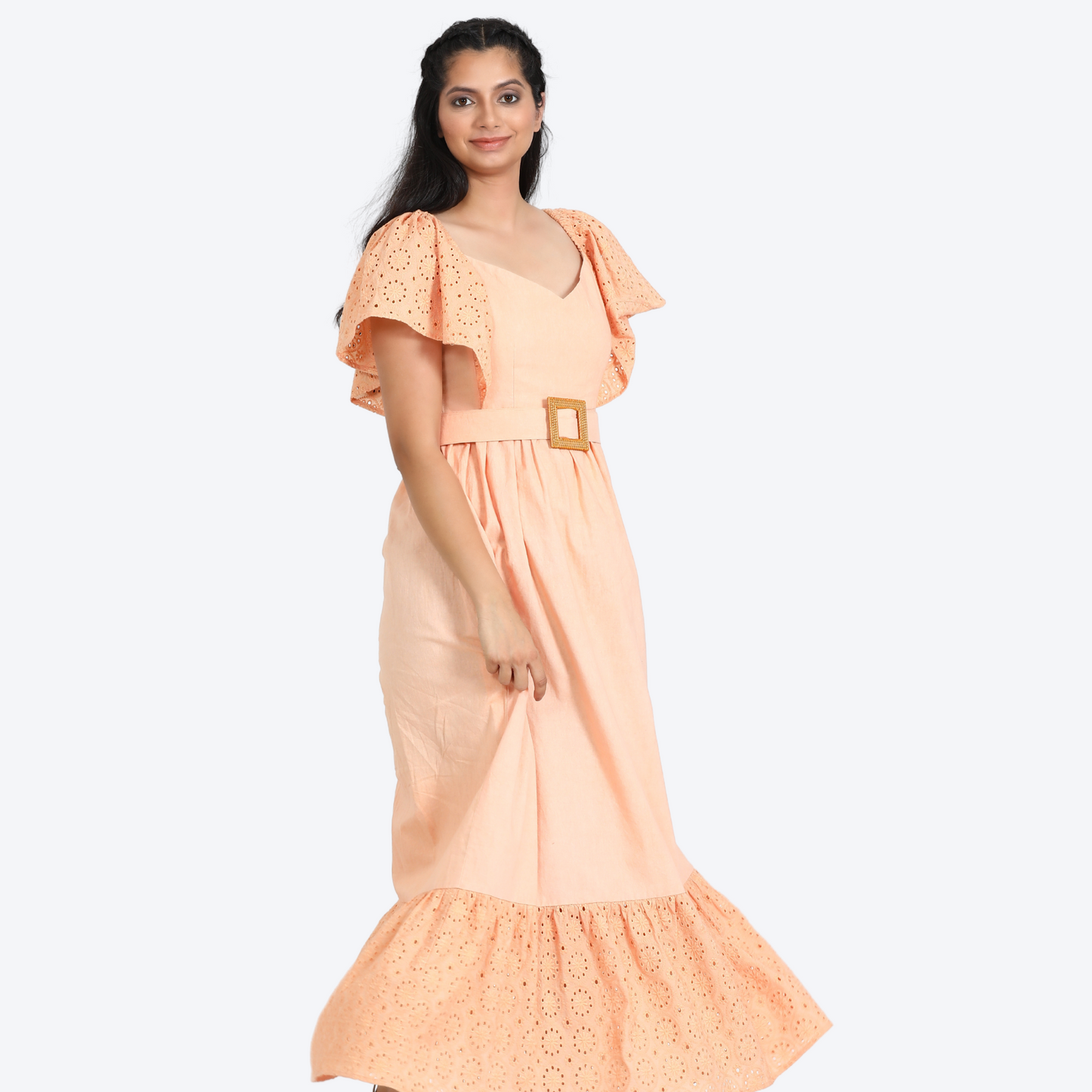 Schiffli Panelled Gathered Maxi Dress