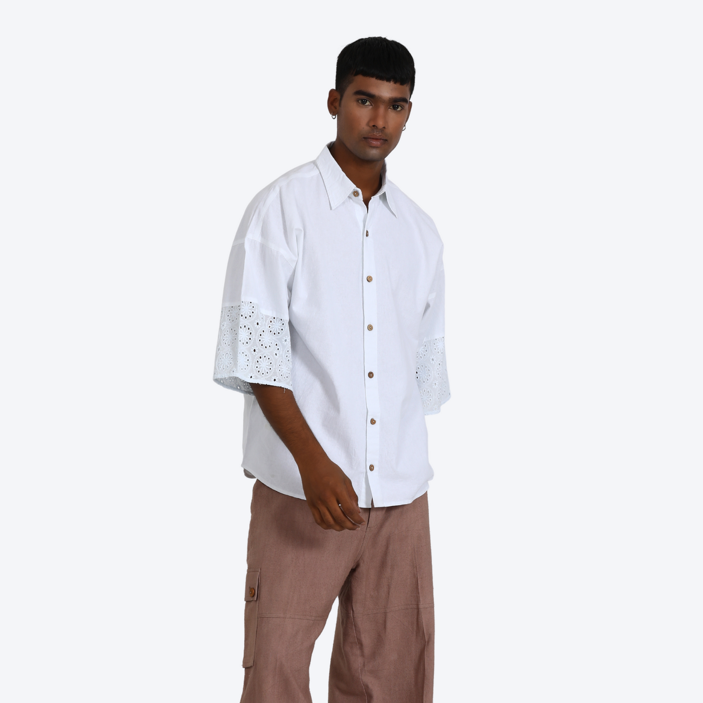 100% Cotton Loose Fit Schiffli Paneled Shirt