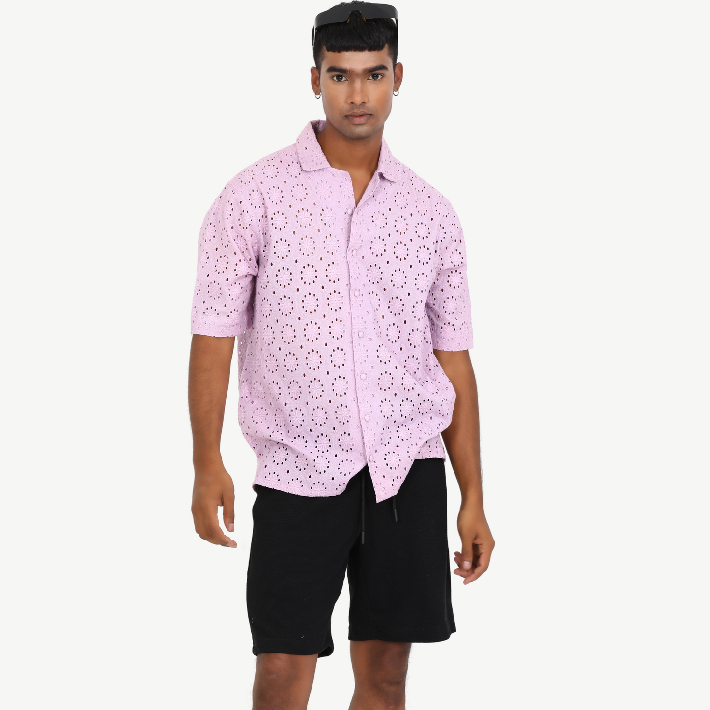 100% Cotton Flower Schiffli Half Sleeve Shirt